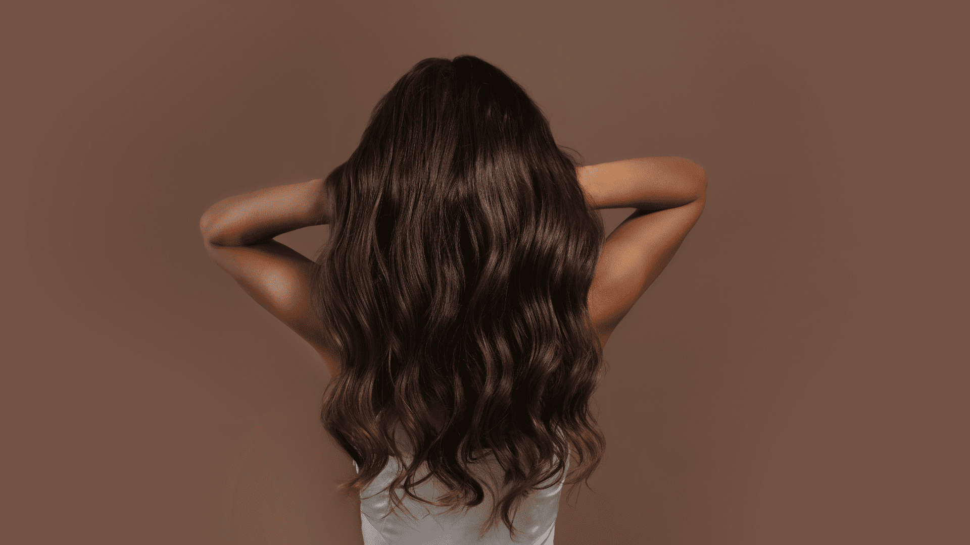Long, wavy brown hair cascading down a person's back against a brown background.