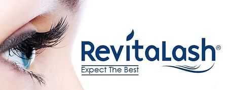 Close-up of an eye with long lashes; "RevitaLash, Expect The Best" text logo.